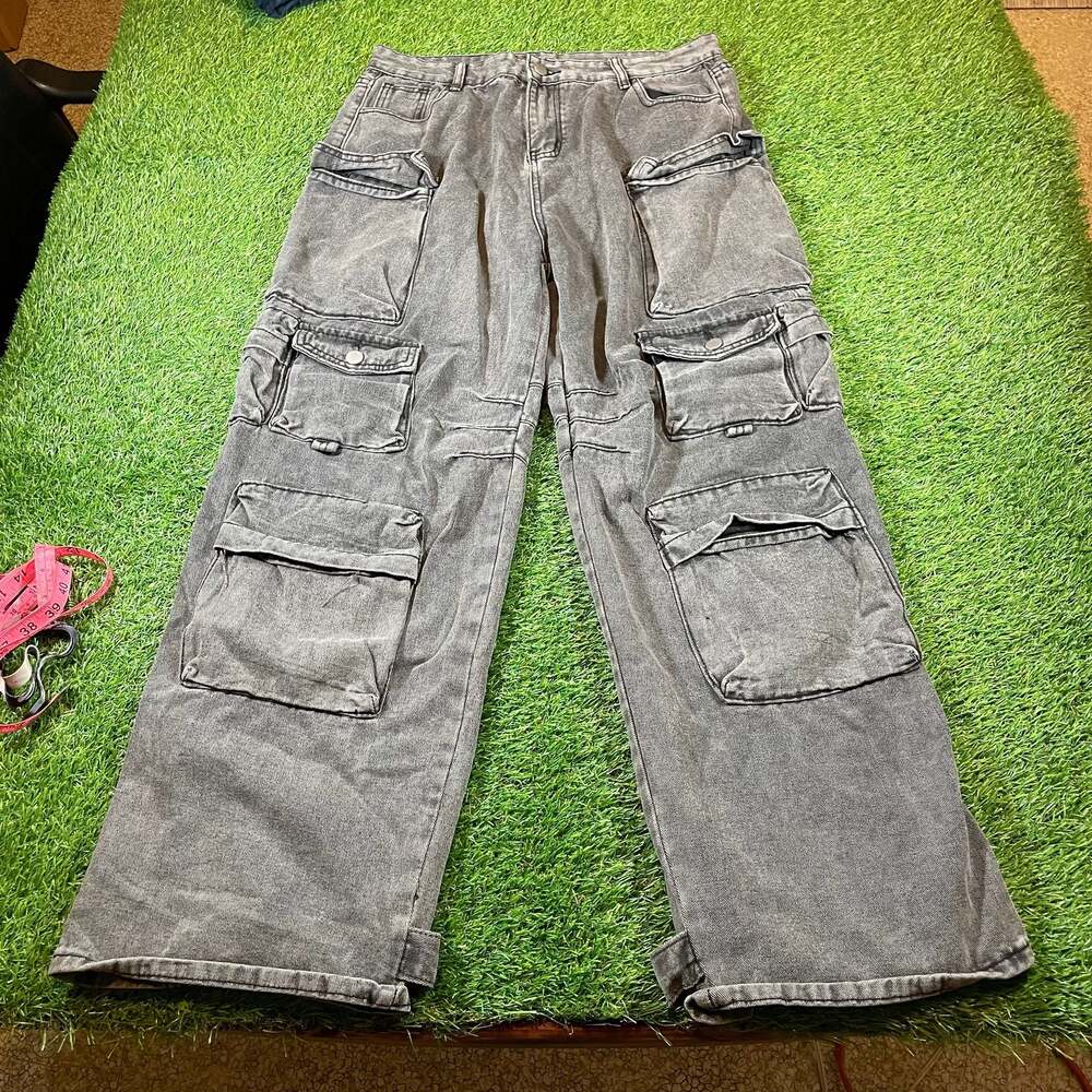 Jeans Acid Wash Gray Denim Baggy Cargo Pants Multi Pocket Utility Streetwear